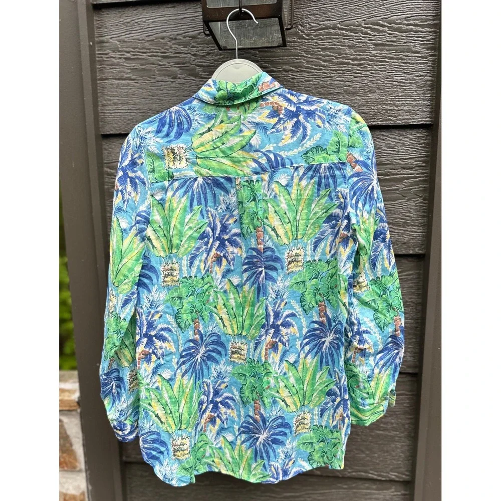 J.McLaughlin Womens Blue Green 100% Linen Tropical Palm Tree Button Front Shirt